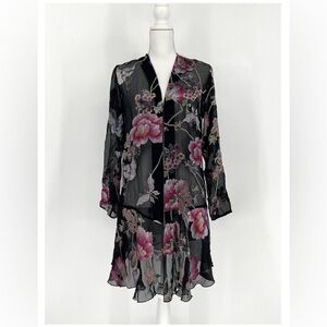 Citron Santa Monica 🦋 Sheer Floral Butterfly Art Open Robe Kimono Duster, sz L 🦋